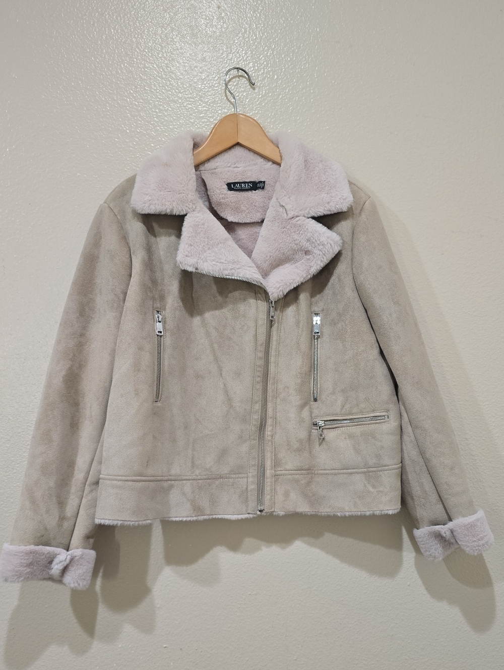 Lauren Ralph Lauren Light Taupe Faux-Shearling Moto Jacket
